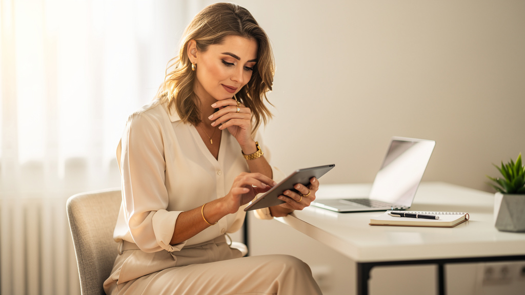 Креаторка контенту оцінює варіанти OnlyFans агенцій на ноутбуці