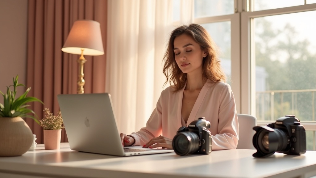 Жінка, яка розпочинає свою подорож як креатор контенту з ноутбуком та камерою