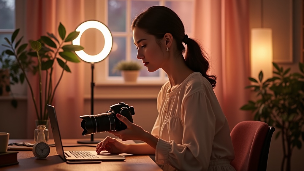 Жінка планує кар'єру творця контенту з ноутбуком