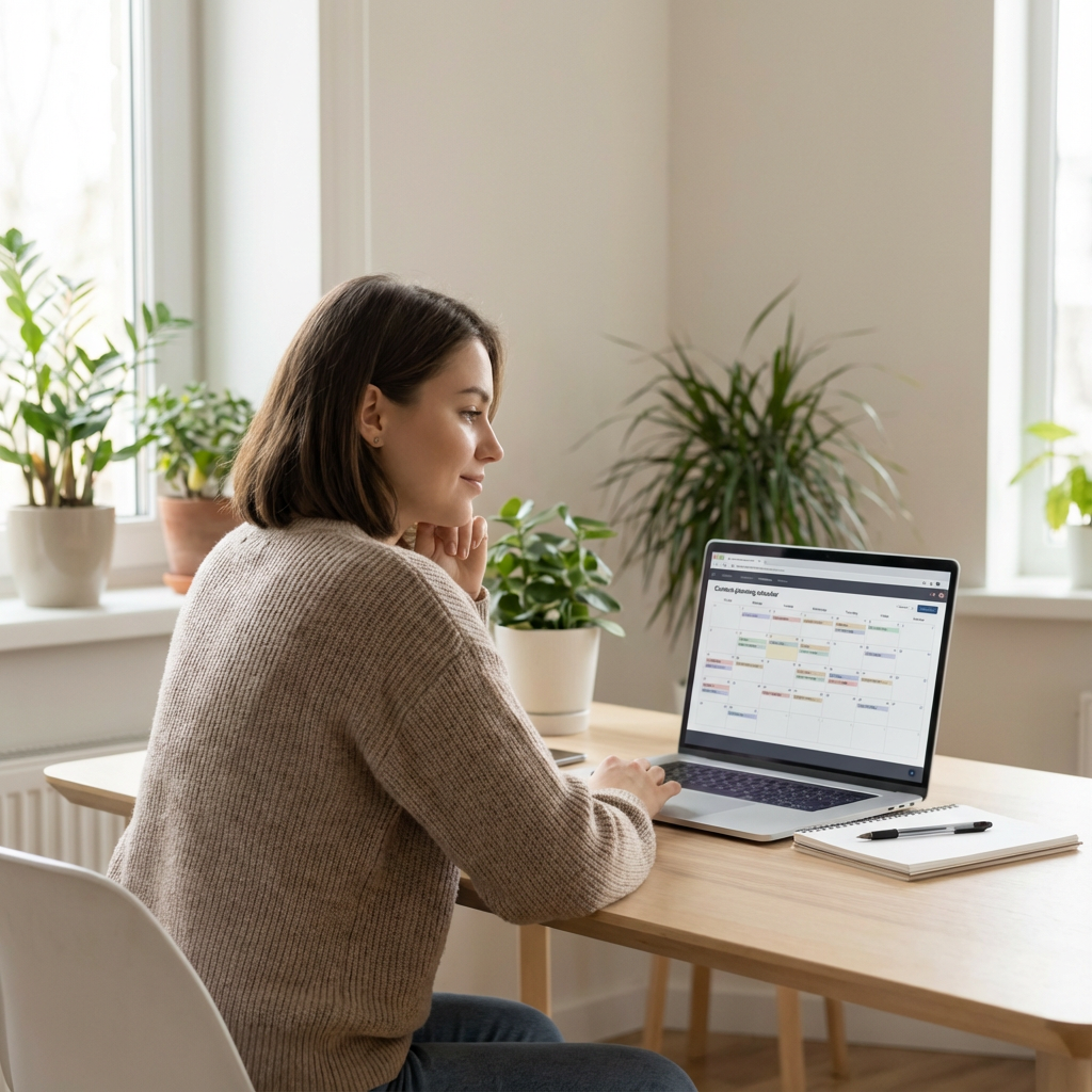 Впевнена контент-креаторка планує свою стратегію OnlyFans на ноутбуці