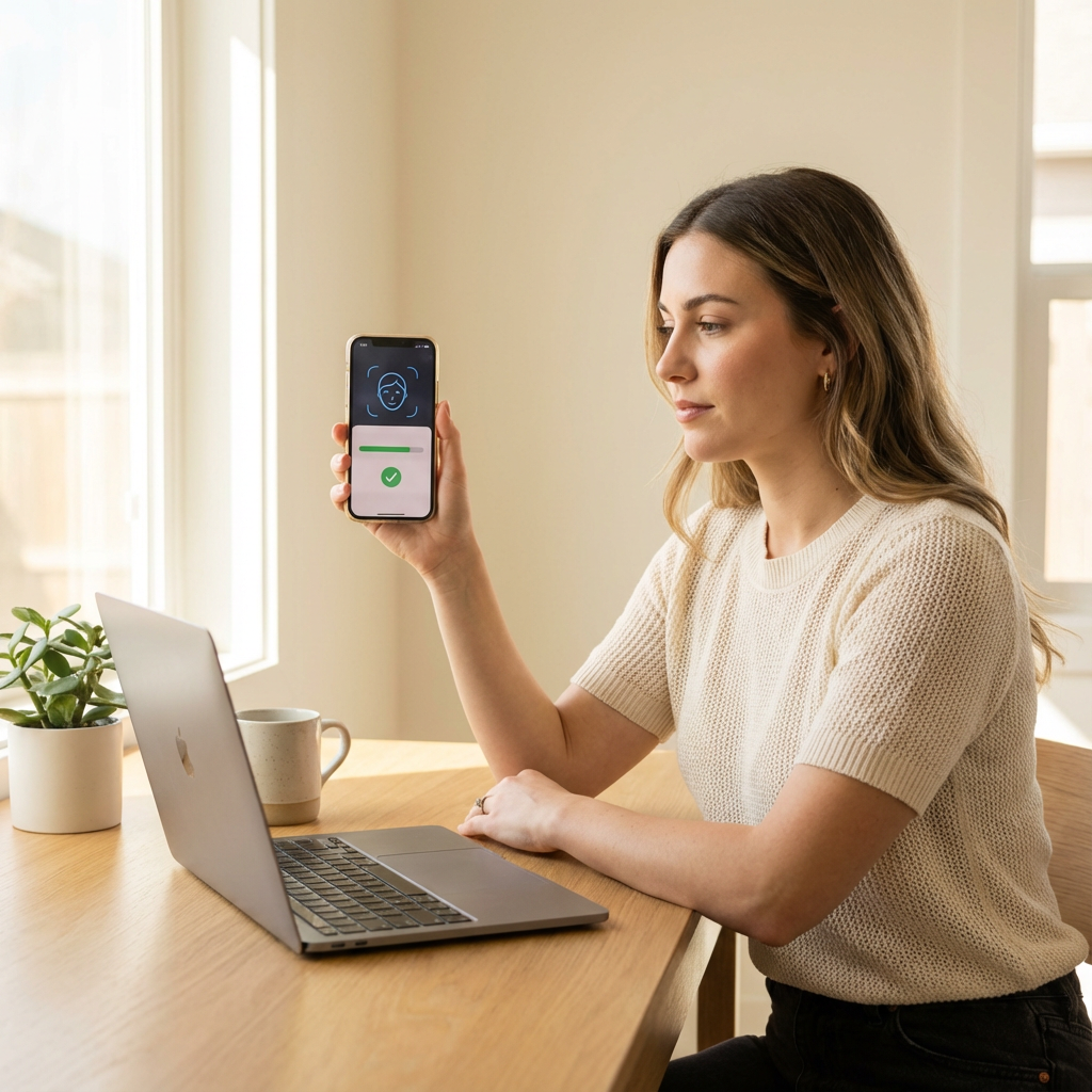 Молода жінка завершує верифікацію особистості на смартфоні для облікового запису OnlyFans